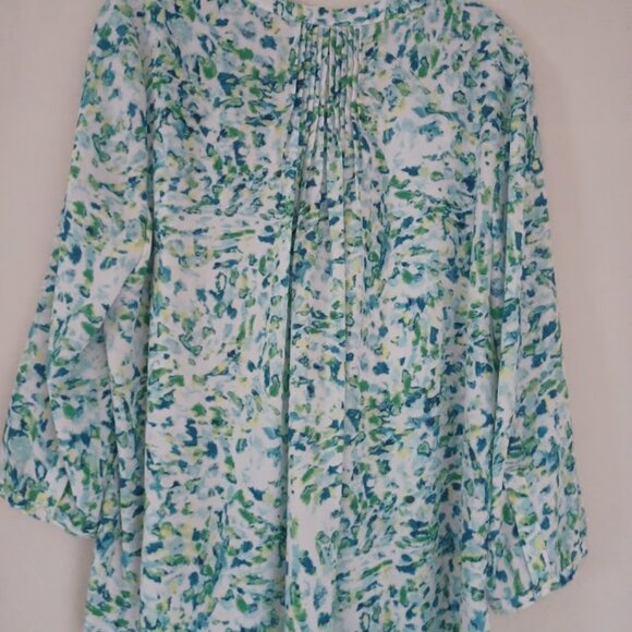 NWT NYDJ Pintuck Blouse L Skyrock Blu Green Watercolor Print Lg Sleeve Nordstrom - Picture 5 of 8
